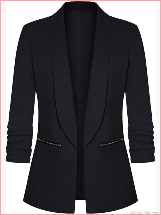 Jackets & Blazers - Casual Blazer 3/4 Sleeve Open Front Cardigan Work Office Suit Jacket Zipper